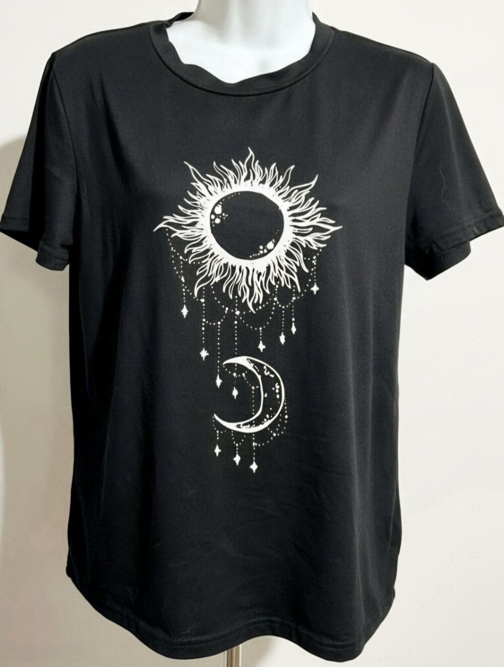 SHEIN Black Celestial Sun Moon Graphic Tee Stretch Mystic Whimsigoth XS S